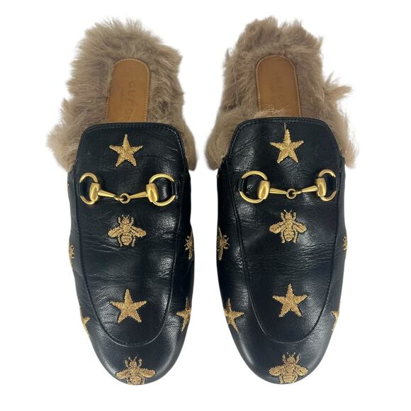 Gucci Princetown Goatskin Fur Bee Star Embroidered Slipper Mules - Picture 1 of 16